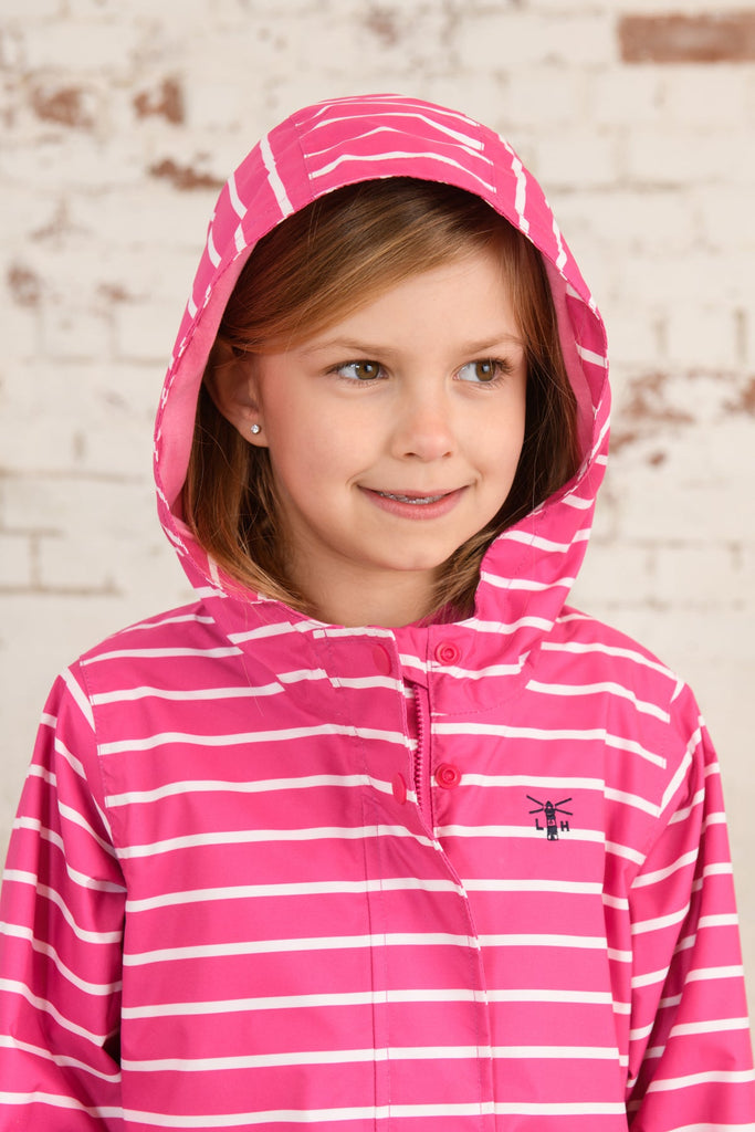 Olivia. Girls' Waterproof Coat Blue Pink Stripe Lighthouse