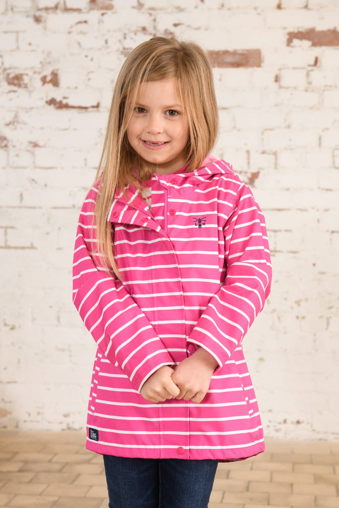 Olivia. Girls' Waterproof Coat Blue Pink Stripe Lighthouse