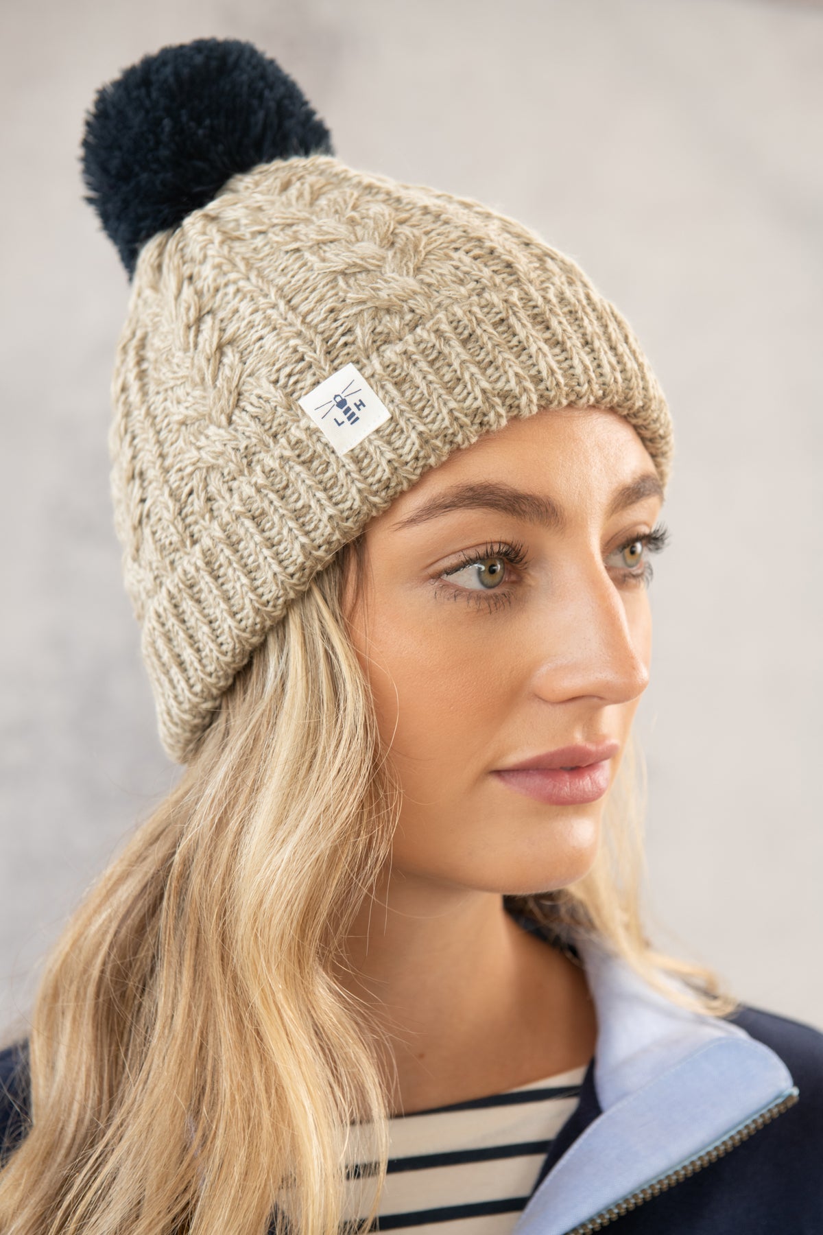 Hannah Bobble Hat - Almond Navy-Lighthouse