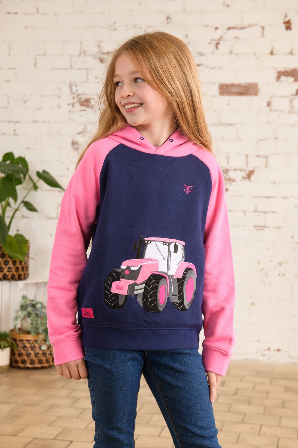 Jill Hoodie. Girls Pink Tractor Sweat Lighthouse