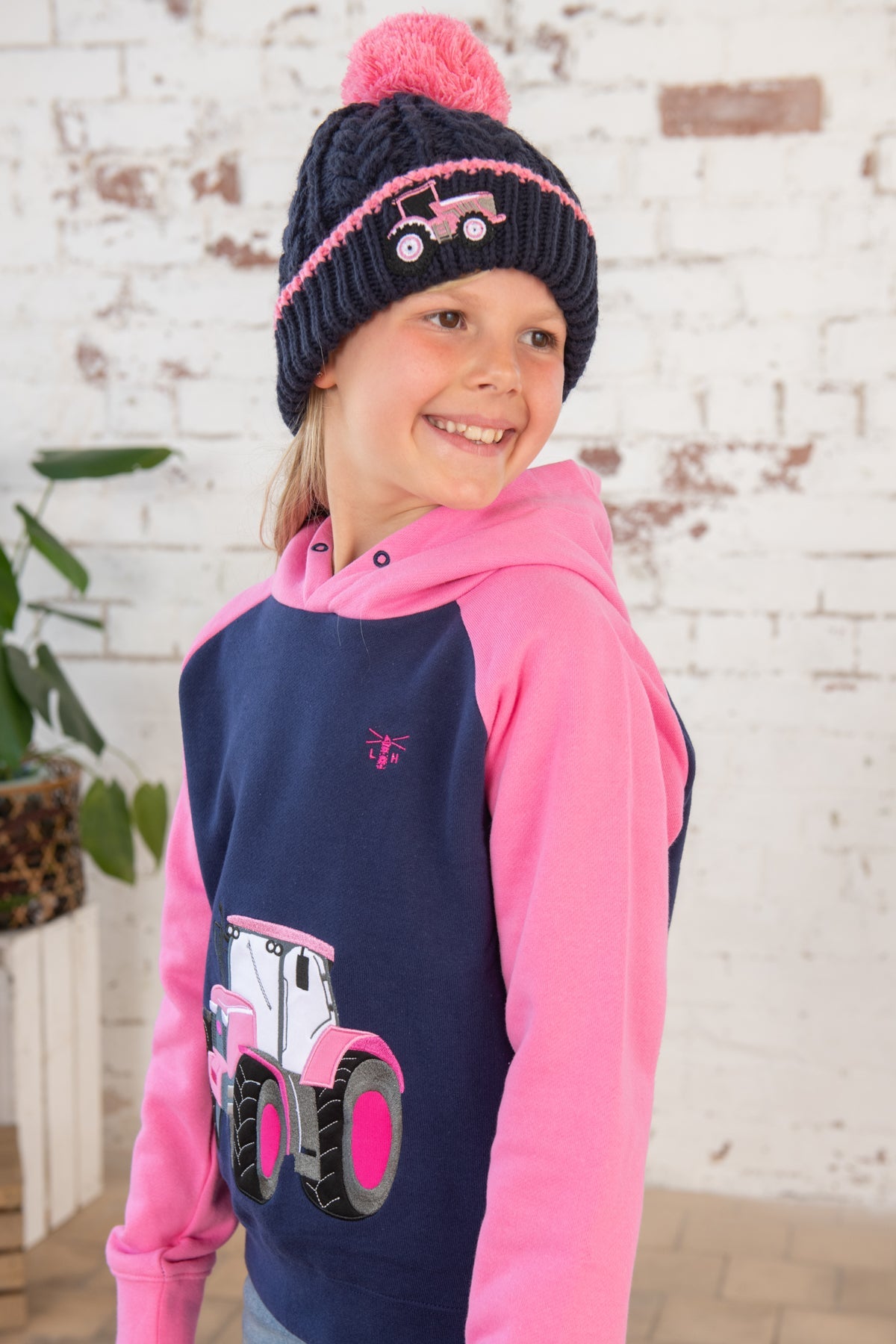 Jill Hoodie - Pink Tractor Appliqué-Lighthouse