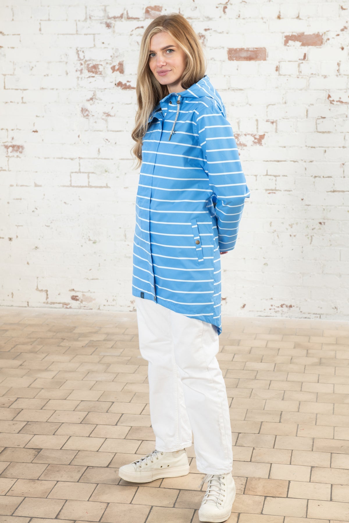 Long Beachcomber Jacket - Azure Blue Stripe-Lighthouse