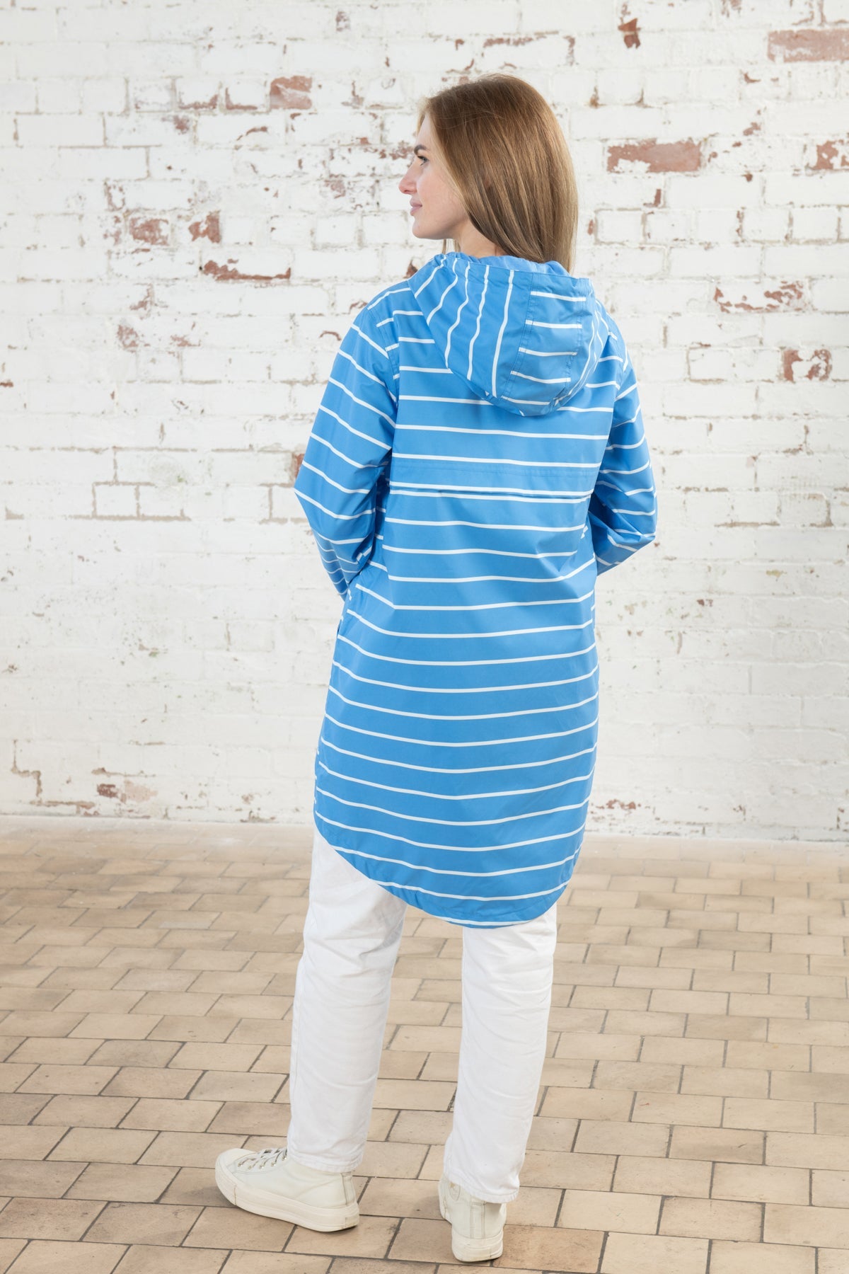 Long Beachcomber Jacket - Azure Blue Stripe-Lighthouse