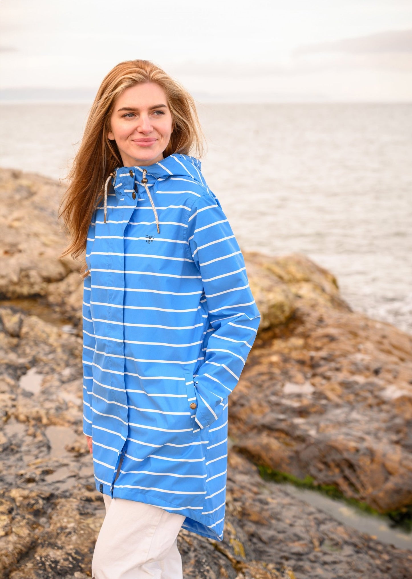 Long Beachcomber Jacket - Azure Blue Stripe-Lighthouse