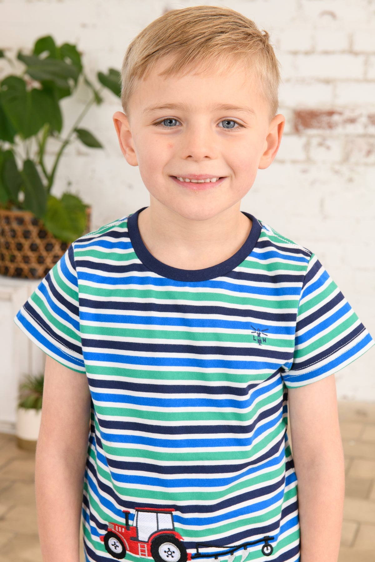 Oliver Short Sleeve Top - Peagreen Stripe Tractor-Lighthouse
