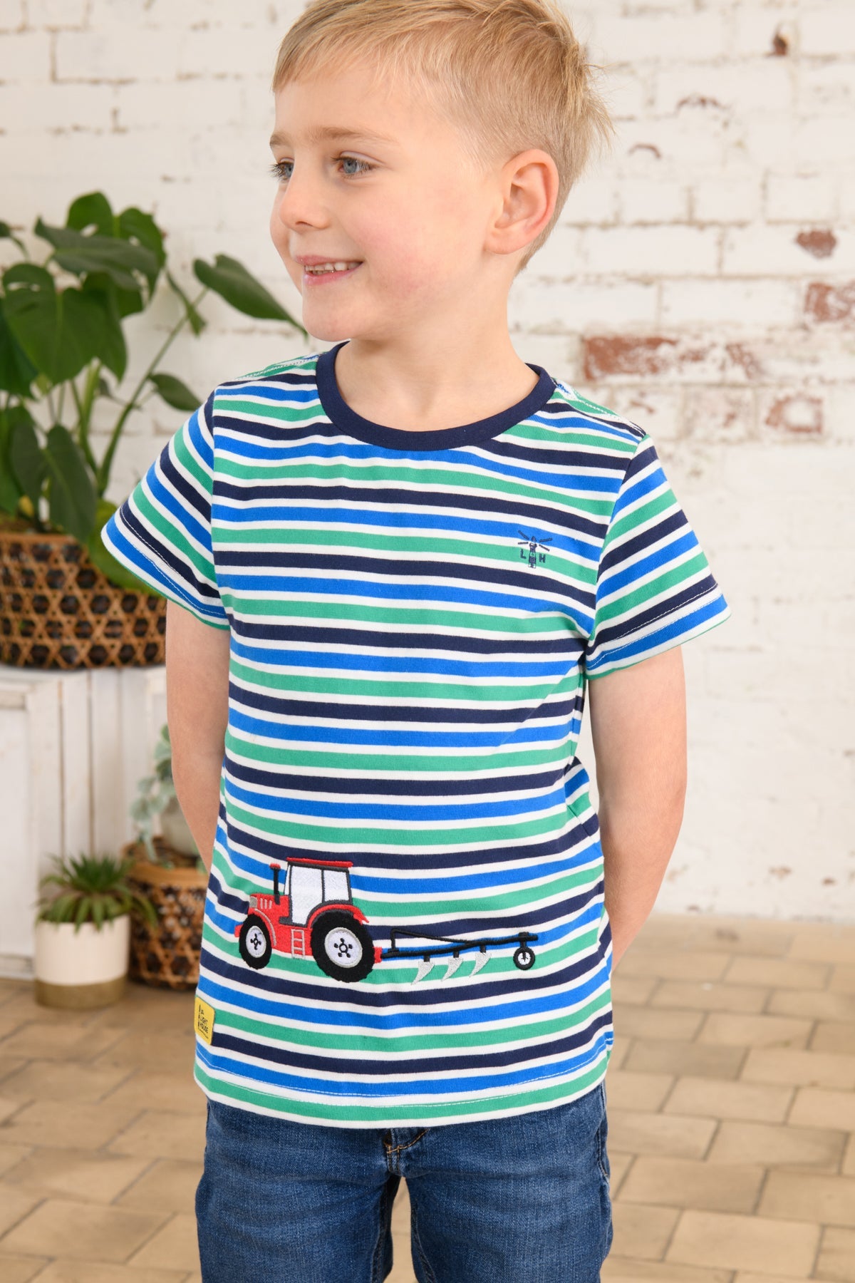 Oliver Short Sleeve Top - Peagreen Stripe Tractor-Lighthouse