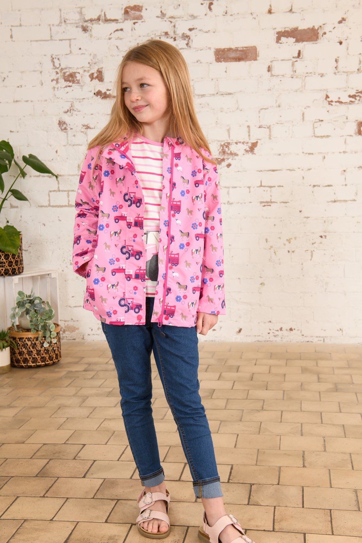 Olivia girls' rainjacket, Blush Pink Farm Print