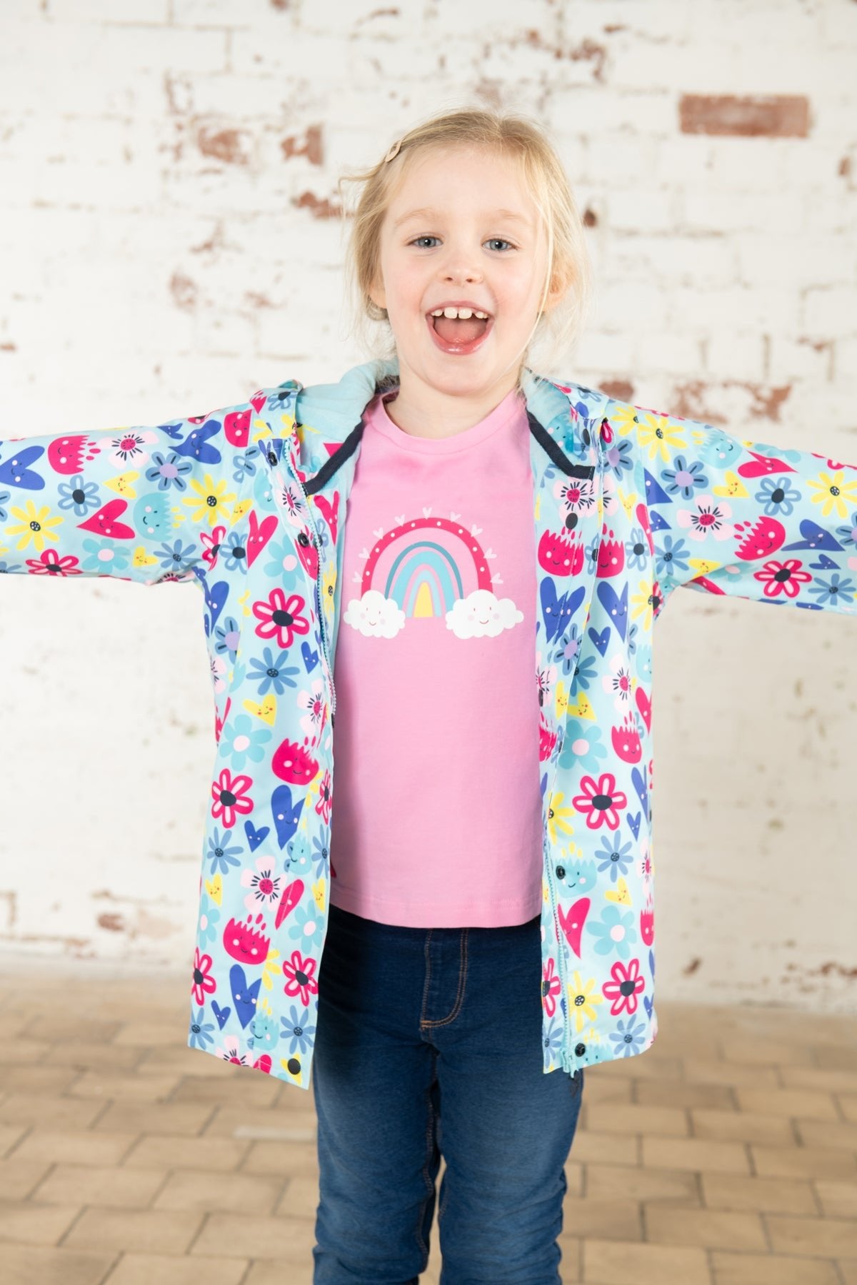 Girls' Waterproof Coat Soft Turquoise Flower Print