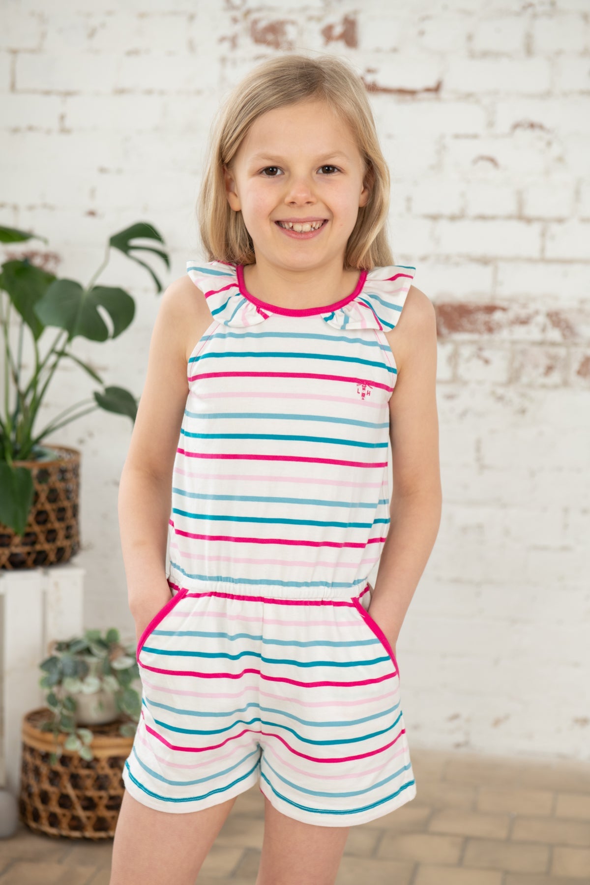 Penelope girls' playsuit,Teal Pink Stripe
