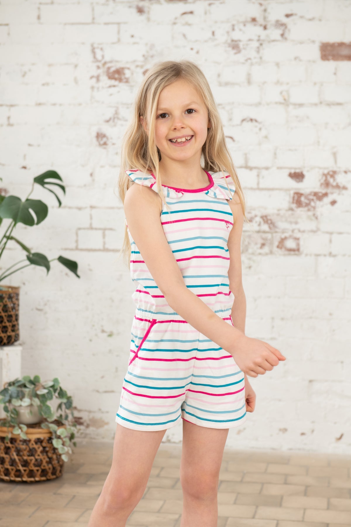 Penelope girls' playsuit,Teal Pink Stripe