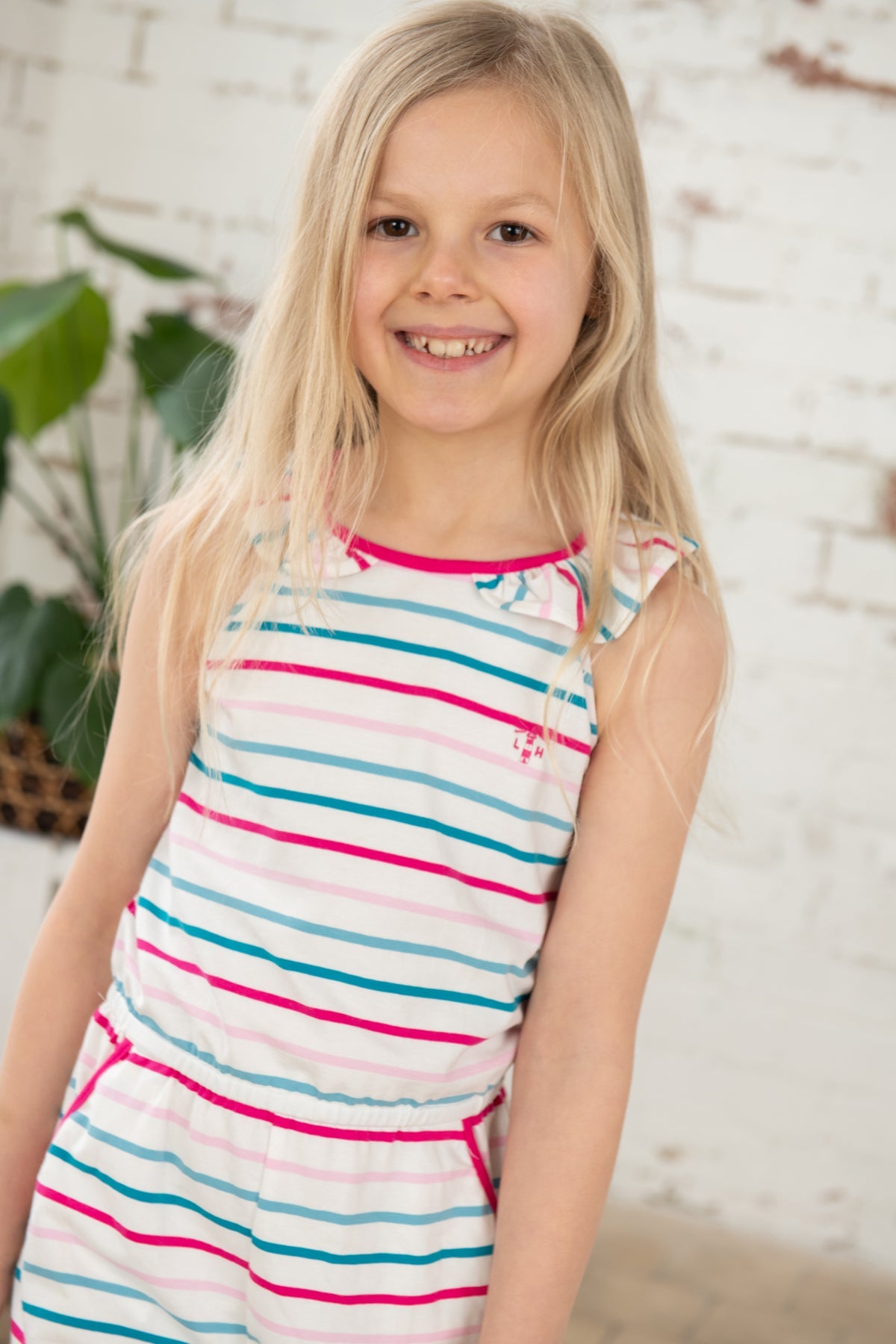 Penelope girls' playsuit,Teal Pink Stripe