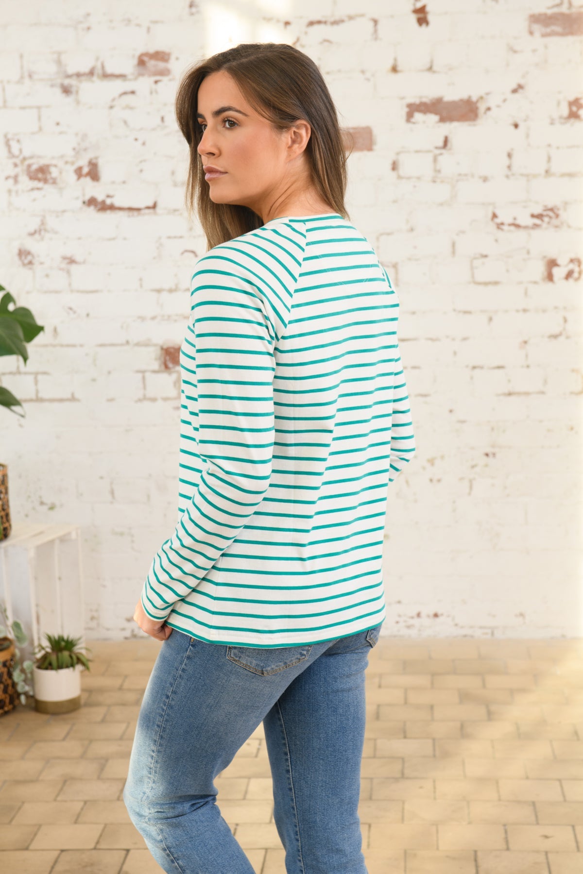 Seashore Long Sleeved Top - Seagrass Stripe-Lighthouse