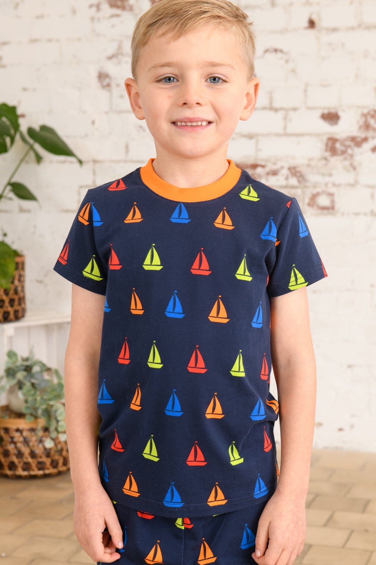 Short Sleeved Pyjamas - Navy Boat Print-Lighthouse